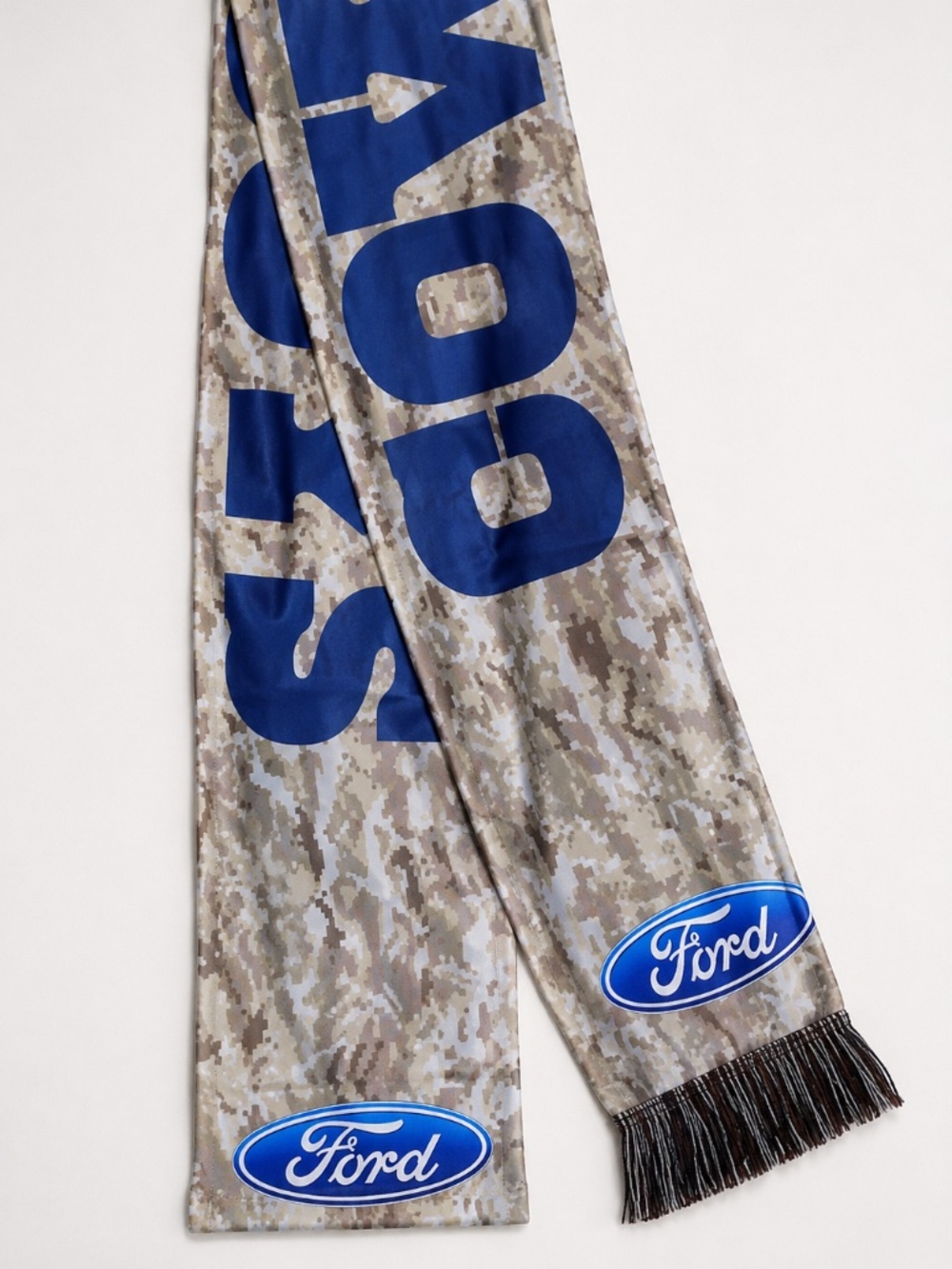 Ford Camo Scarf Blue Logo Fringe Winter Fan Accessory